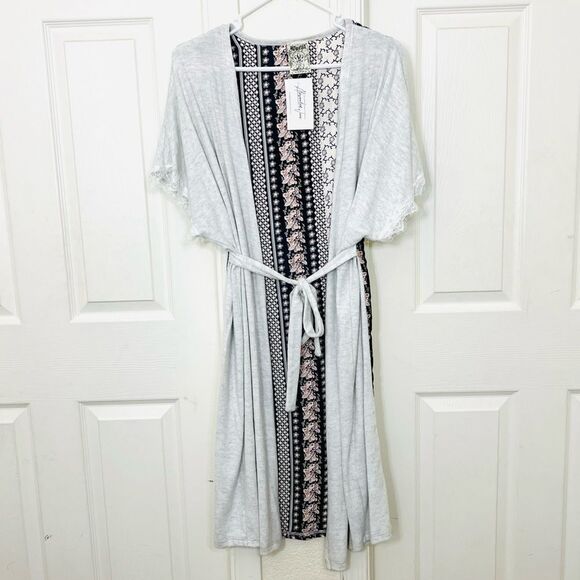 Vocal Cardigan Kimono Duster Short Sleeve Floral Back Tie Belt Lace Trim Large - Picture 1 of 12